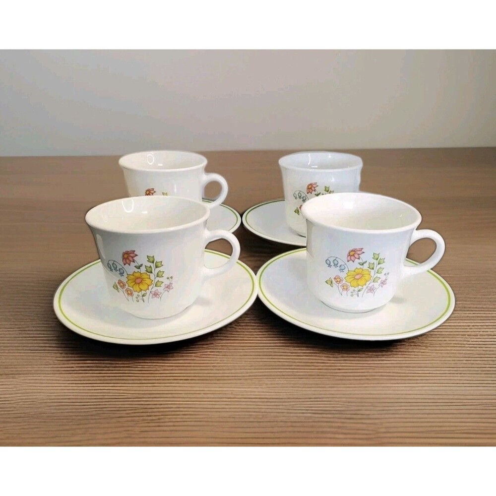 Corelle Spring Meadow Tea Cups & Saucers Set Of 8 Corning Floral Coffee Mugs Vtg